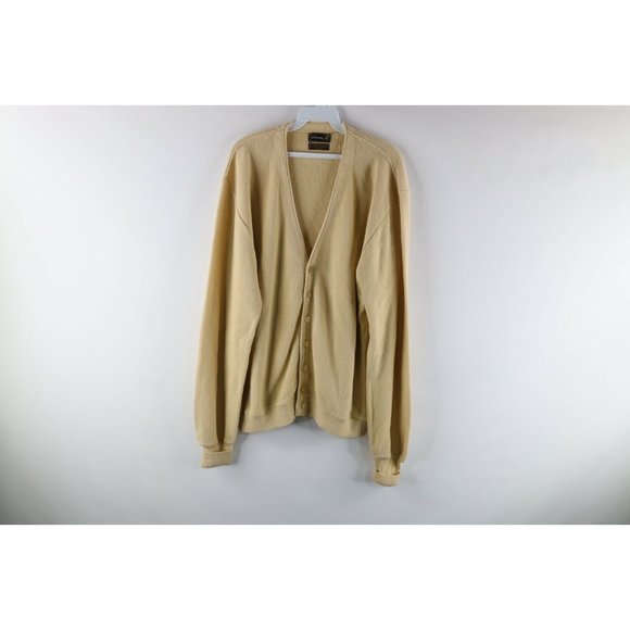 Vintage 70s Rockabilly Mens XL Kurt Cobain Knit Button Cardigan Sweater Tan USA